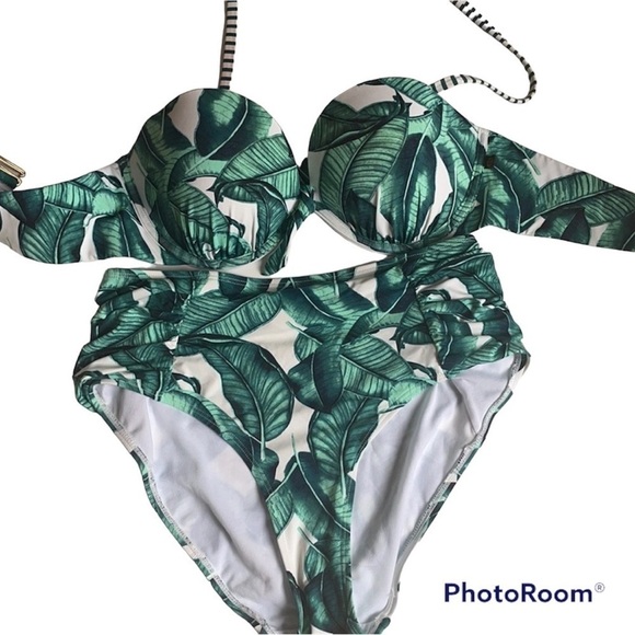 LA VIE EN ROSE AQUA LEAVE BIKINI SWIMWEAR SET TOP LARGE AND MEDIUM BOTTOMS - Picture 1 of 1
